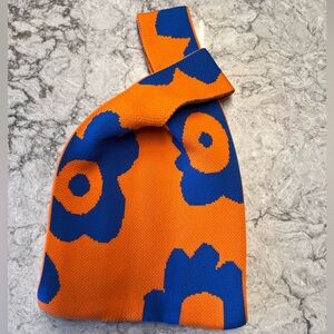 Mini Knitted Wristlet Bag - Foldable Tote - Orange and Blue Floral